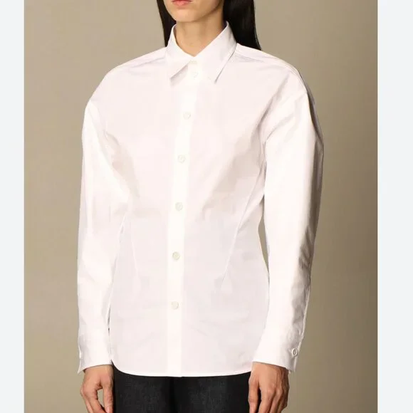 Bottega Veneta Size 4 White Collared Button Down Poplin Shirt with Triangle Back